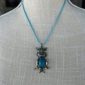 Silver Owl Pendant Necklace with Blue and Green Accents